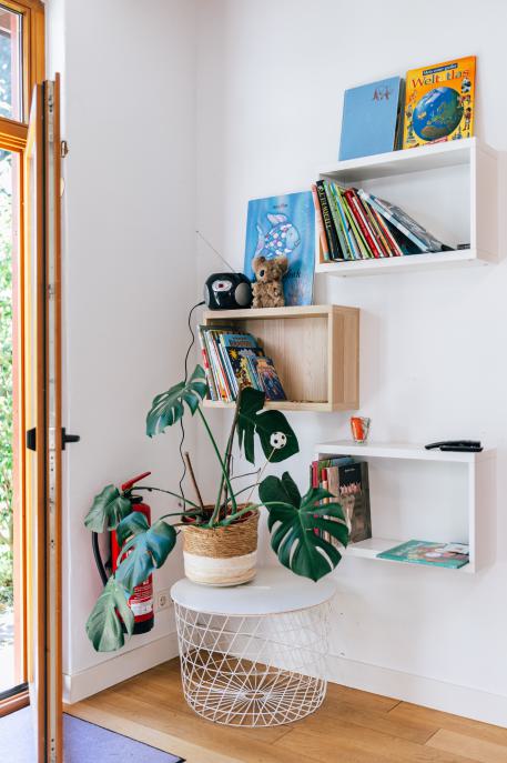 Erziehungsstellen Bücherregale mit Kinderbüchern und eine Pflanze